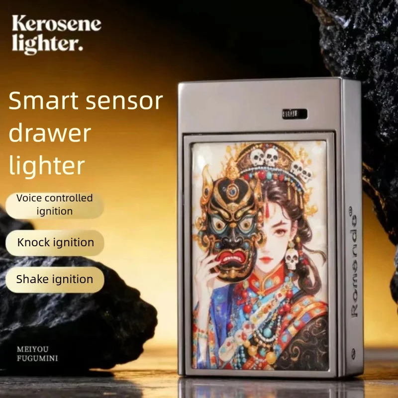 

New Personalized Intelligent Voice-controlled Kerosiene Lighter Metal Painted Drawer-type Windproof Lighter Men's Gift