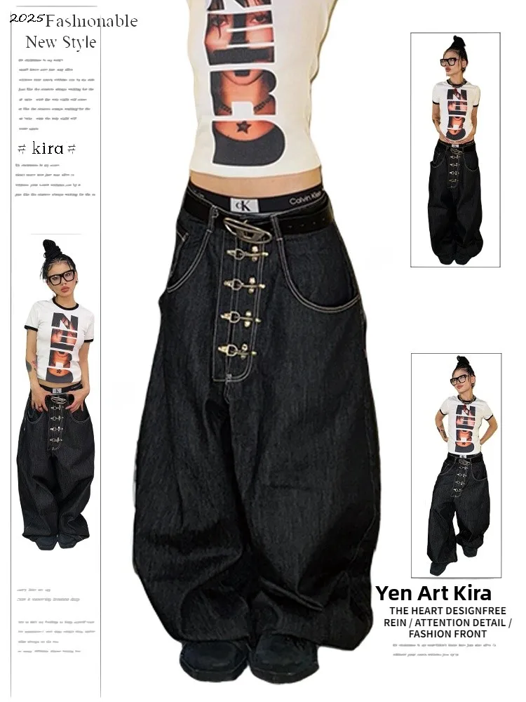 

American Retro Aircraft Buckle Design Curved Knife Wide Leg Jeans Loose Women's Spring Autumn Street Style Baggy Trousers