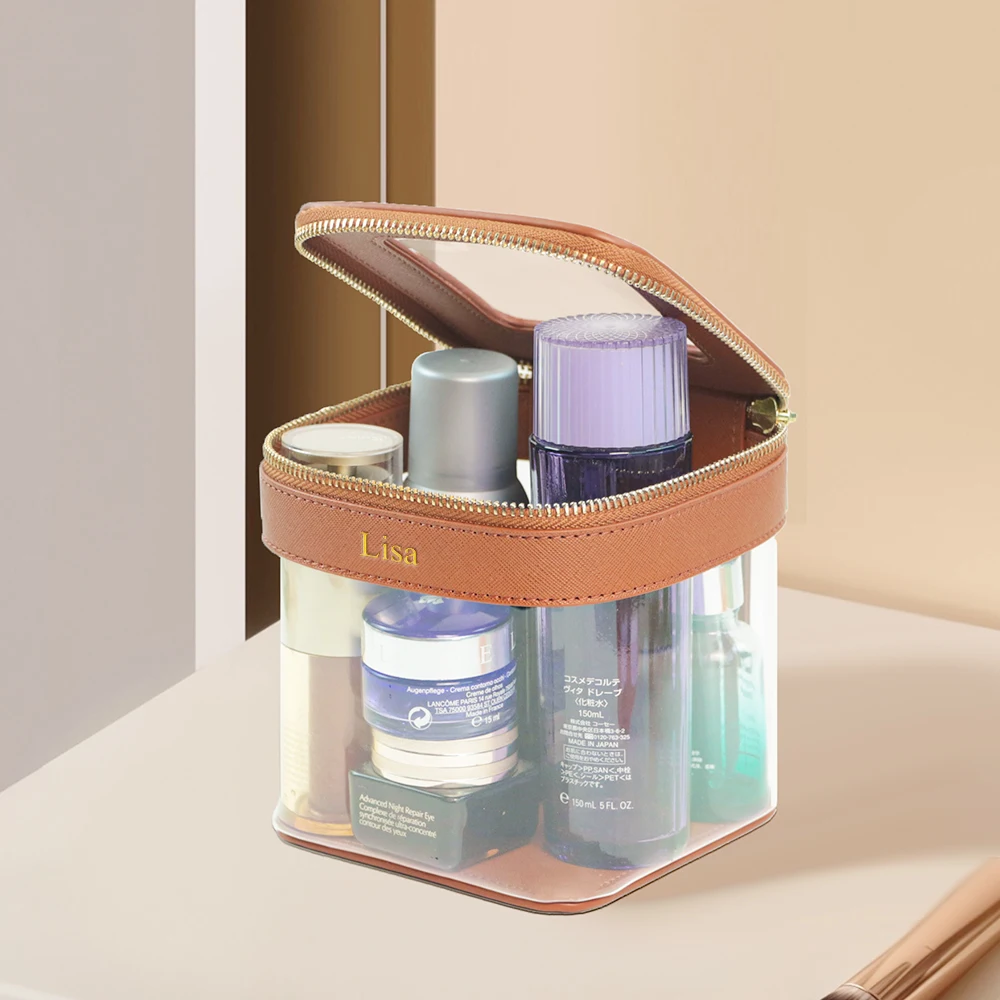 حقيبة مكياج وحقيبة أدوات الزينة قابلة للتخصيص، تصميم شفاف ومرئي، سعة كبيرة، محمولة للسفر