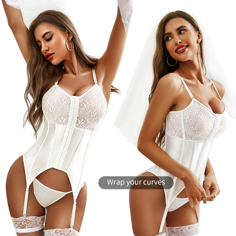 CINOON Sexy Corset Lingerie Bustier Women Strappy Bodysuit Lace Push Up Bra Shaper Gather Slimming Breathable Fabric Underwear