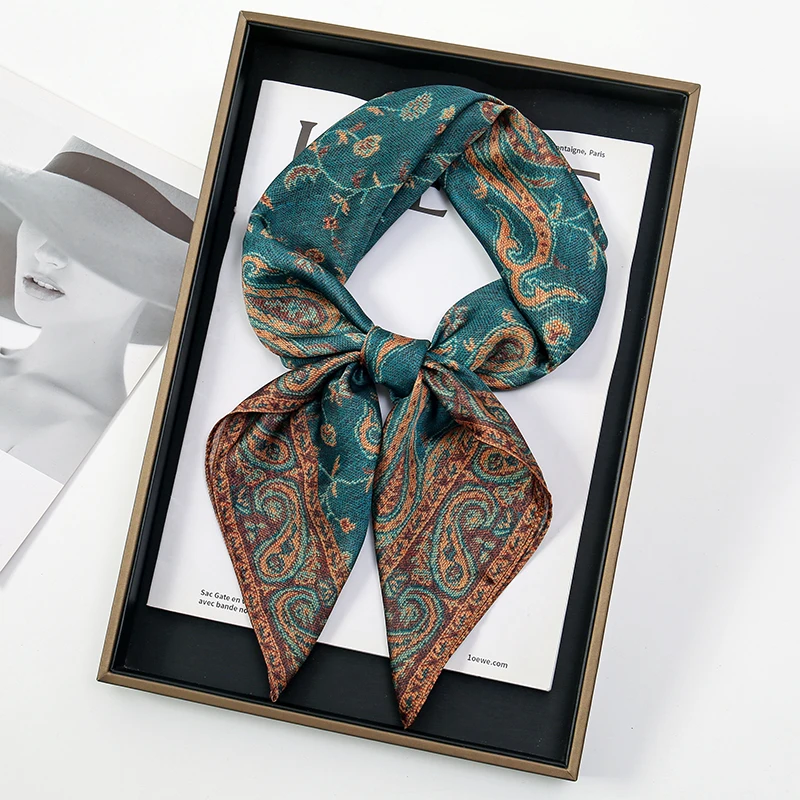 Syal Sutra Mewah 70*70Cm Ikat Kepala Selendang Wanita Gambar Cetak Paisley Retro Persegi Syal Rambut Kecil Jilbab Sapu Tangan Wanita