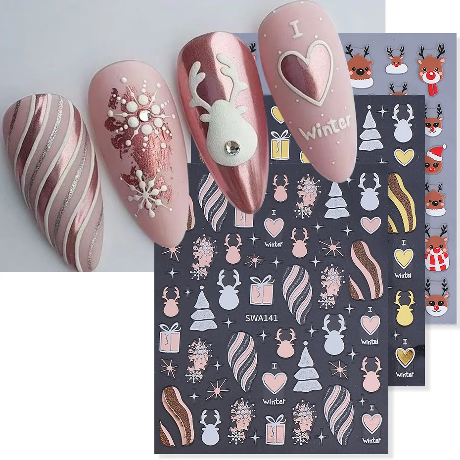 3 Stück Glitzer Weihnachten Nagelaufkleber 3D Winter Schneeflocke Elch Weihnachtsbaum Geschenk DIY selbstklebende Nagelaufkleber Maniküre Dekoration