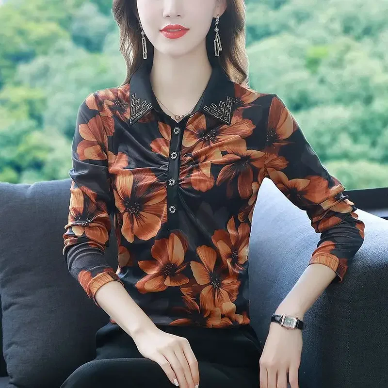 

Polo Collar Printed Base Shirt Plus Size Stomach Concealing Stylish Age-Reducing Temperament Spring Autumn New Long Sleeve
