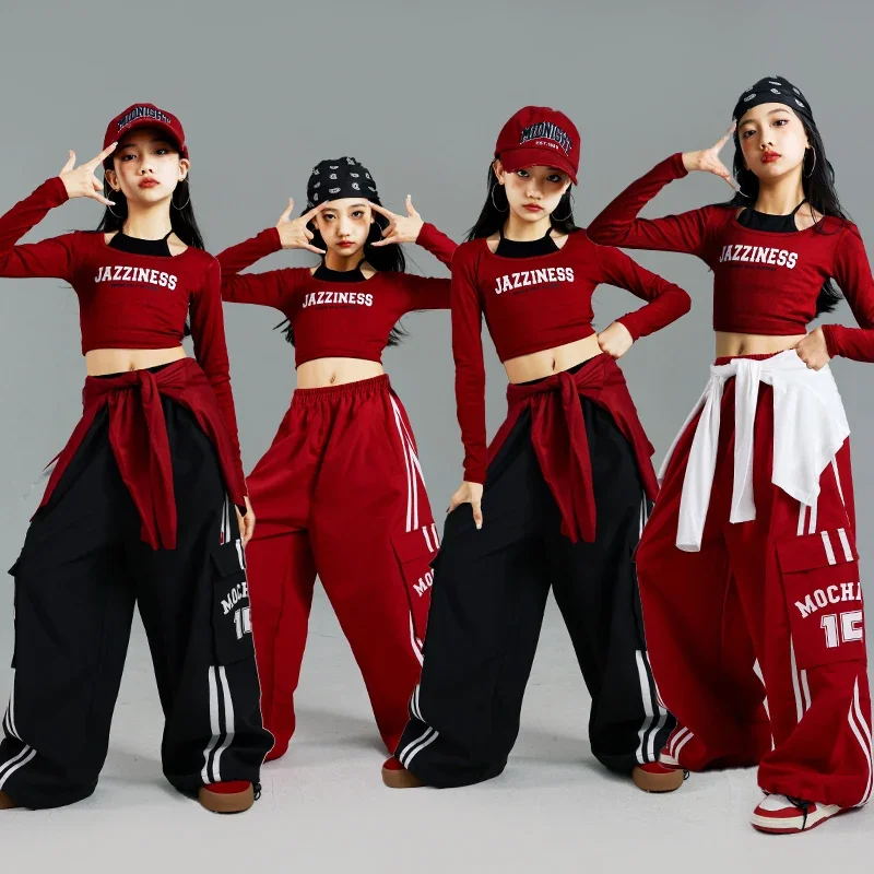 

junior Kid Hip Hop y2k Longsleeve T-shirt Pants Set teen Girl Performance Costume Stage Outfit Child Jazz Dance Suit Street Wear
