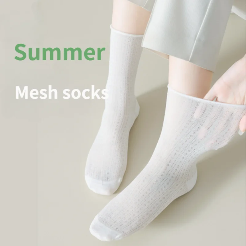 5 Pairs Women Cotton Socks Middle Tube Solid Color  Breathable Spring Summer Loose Long Socks Mesh Thin Soft Ruffle Casual Sock