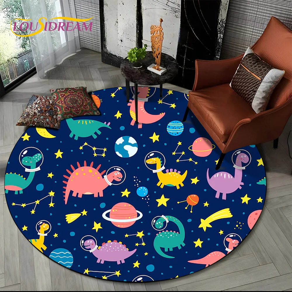 Cartoon Dino Cute Dinosaur Space Children Round Carpet Rug for Living Room Bedroom Chair Decor,Pet Area Rug Non-slip Floor Mat