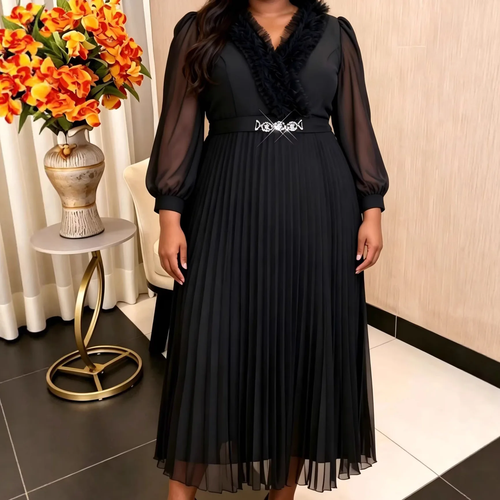 

African Dresses for Woman Ruffled V Neck Sheer Puff Sleeves Diamond Belt Formal Party Church Evening Occasions Gowns