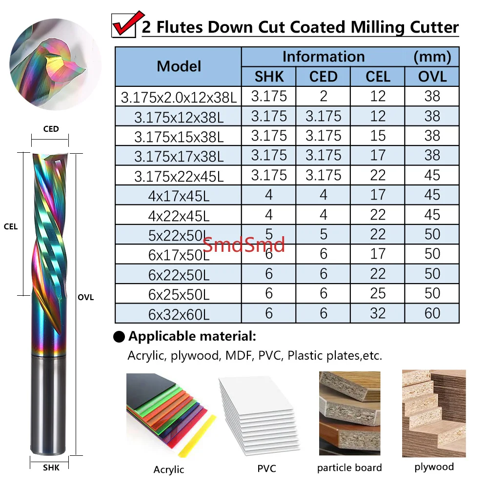 5Pcs 2.0/3.175/4/5/6/8mm DLC left handed two spiral flute End Mill, Down Cut Milling Cutter for Acrylic, plywood, MDF, PVC,Wood