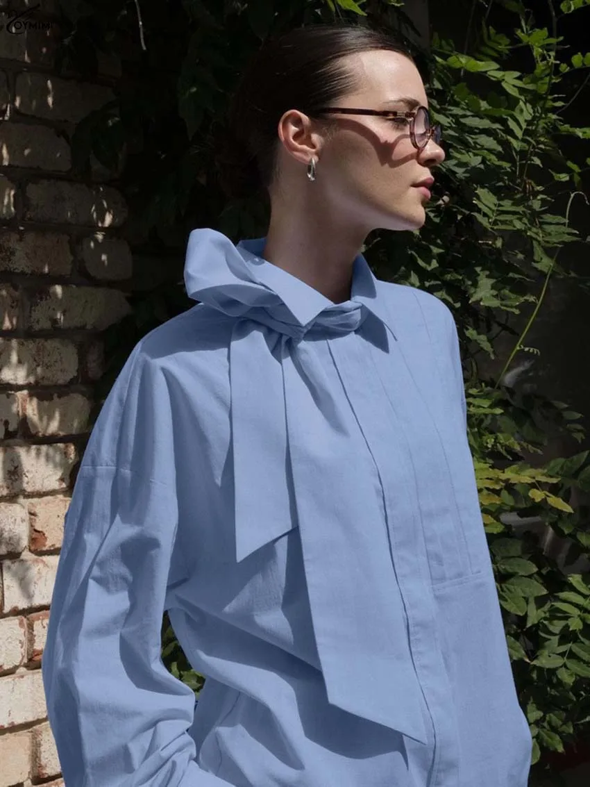 Oymimi Fashion Niebieskie Bawełniane Bluzki Damskie Eleganckie Bluzki z Kołnierzykiem i Wiązaniem Casualowe Bluzki Wiązane Zapinane na Guziki Koszule Damskie