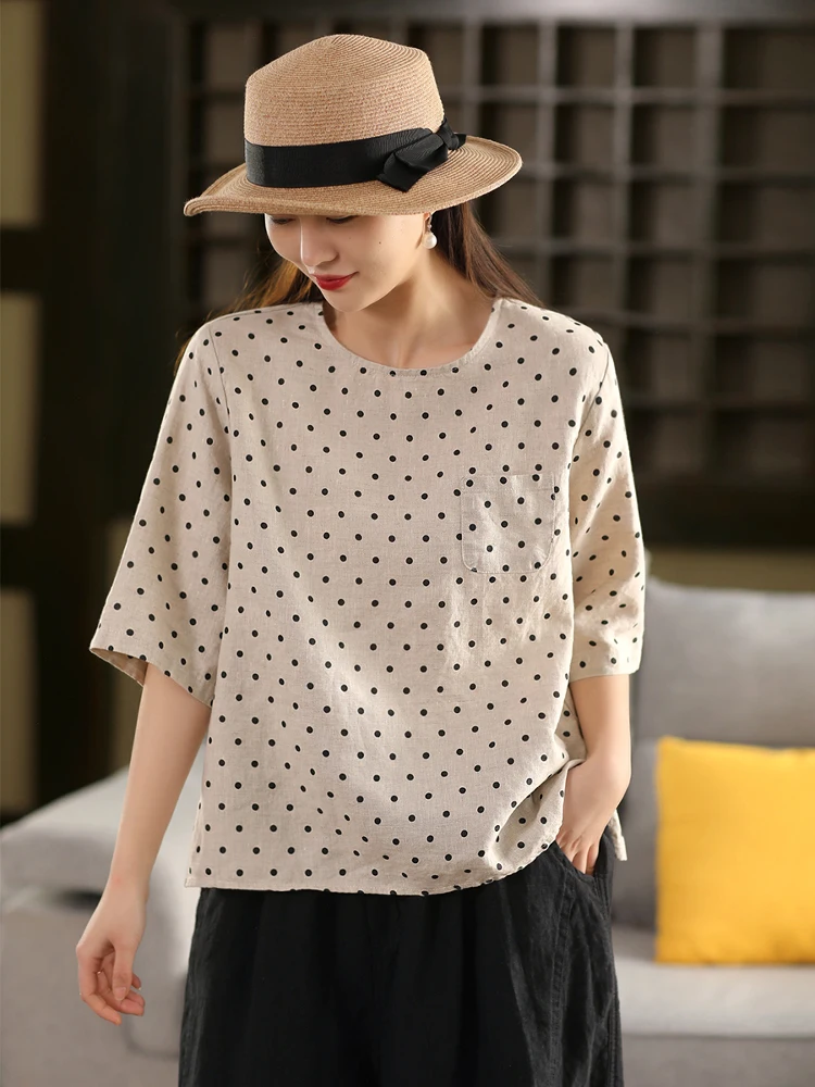 

Heavy Industry Linen Color Woven Dot Pattern Women's Vintage round Ne mid Sve irt Loose Overhead T-irt Commute Sle