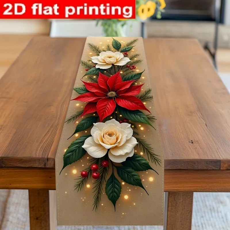 

1pc 2D Flat Home, Kitchen, Dining Table, Table Flag Cloth, Tableware, Poinsettia and White Rose with Pine Needles and Berries