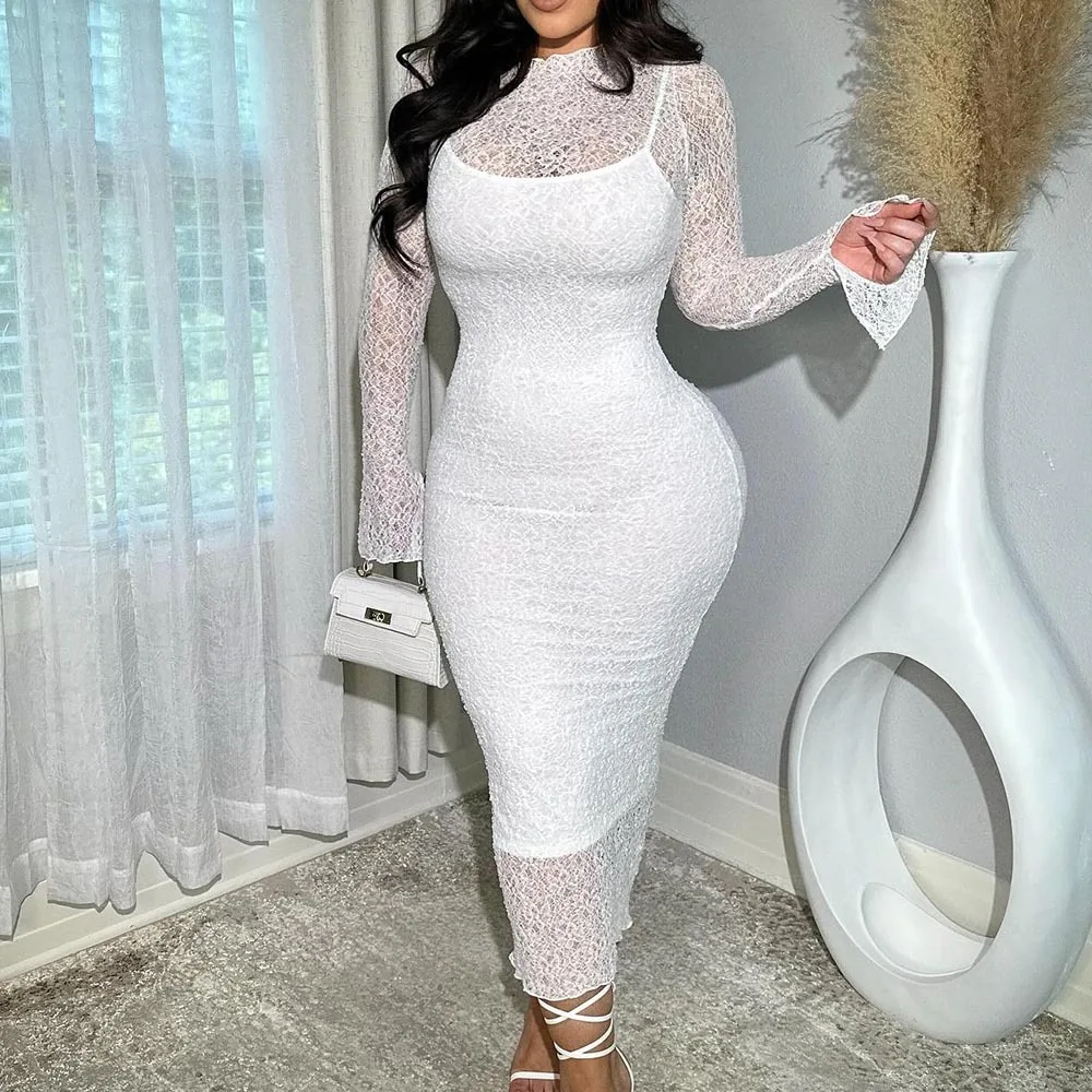 

Sexy Fitted Women's Dress Spring Autumn Lace Sheer Solid O-neck Long Sleeve Strapless Two-Piece Dress Daily Commute Night out