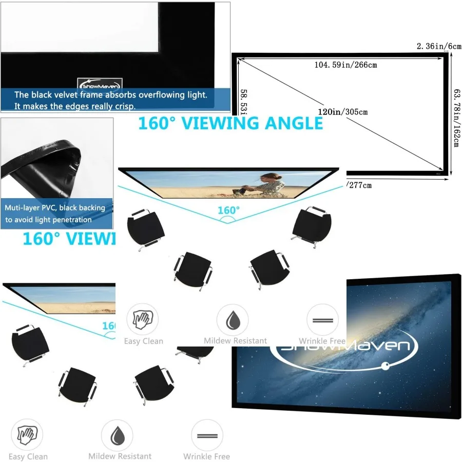 100in/120in Fixed Frame Projector Screen, Diagonal 16:9, Active 3D 4K Ultra HD Projector Screen for Home Theater or Office 16:9