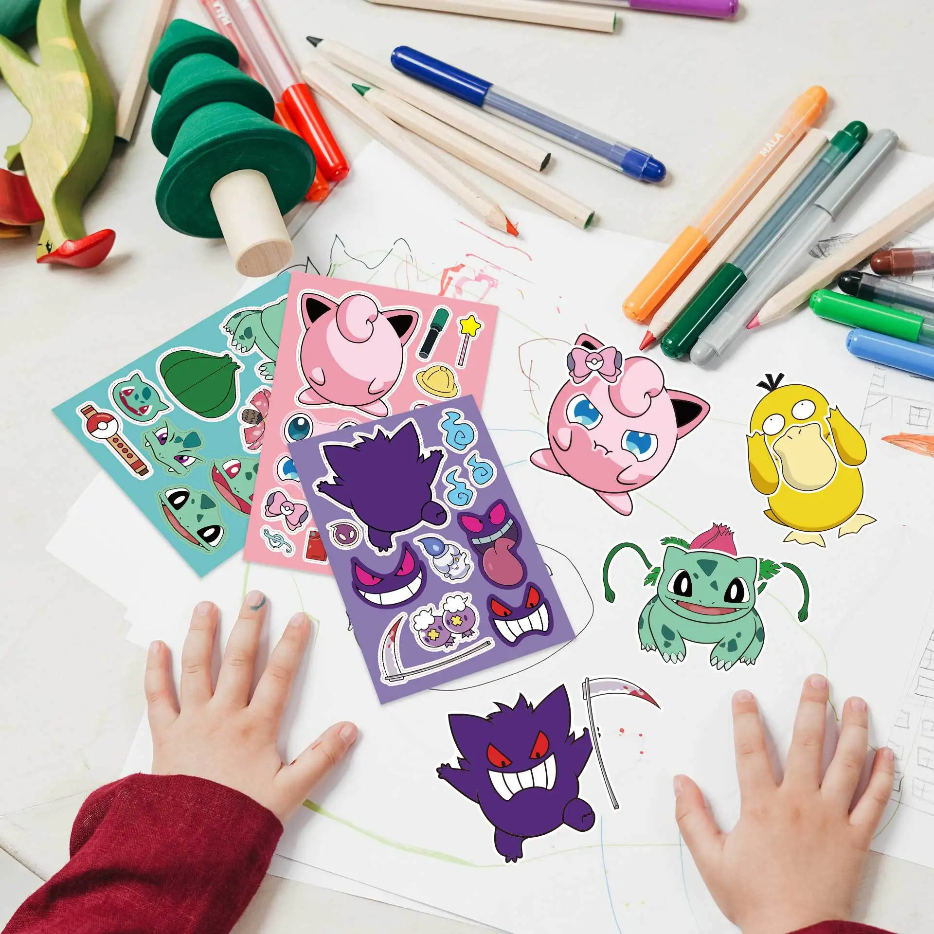 6/12 Blatt Pokemon Puzzle Aufkleber machen ein Gesicht Aufkleber Kinderspiel zeug niedlichen Pikachu Gengar Aufkleber Geschenk Dekoration Anime Graffiti Spielzeug