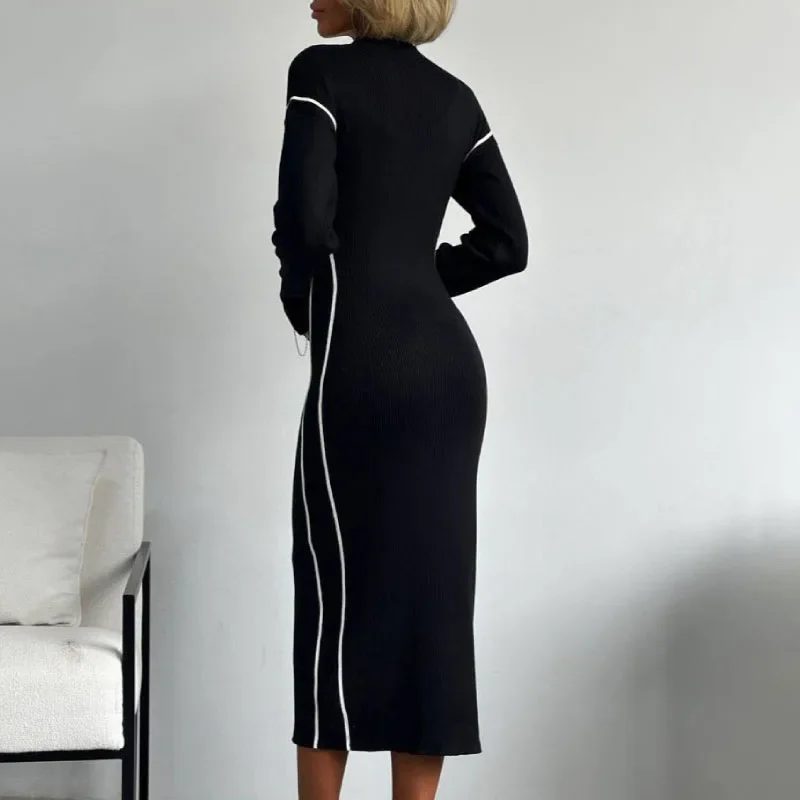 TARUXY Elegant Line Knitted Dress For Women Slim Fit Hip-Covering Long Sleeve Round Neck Long Dresses 2024 Autumn Commuting New