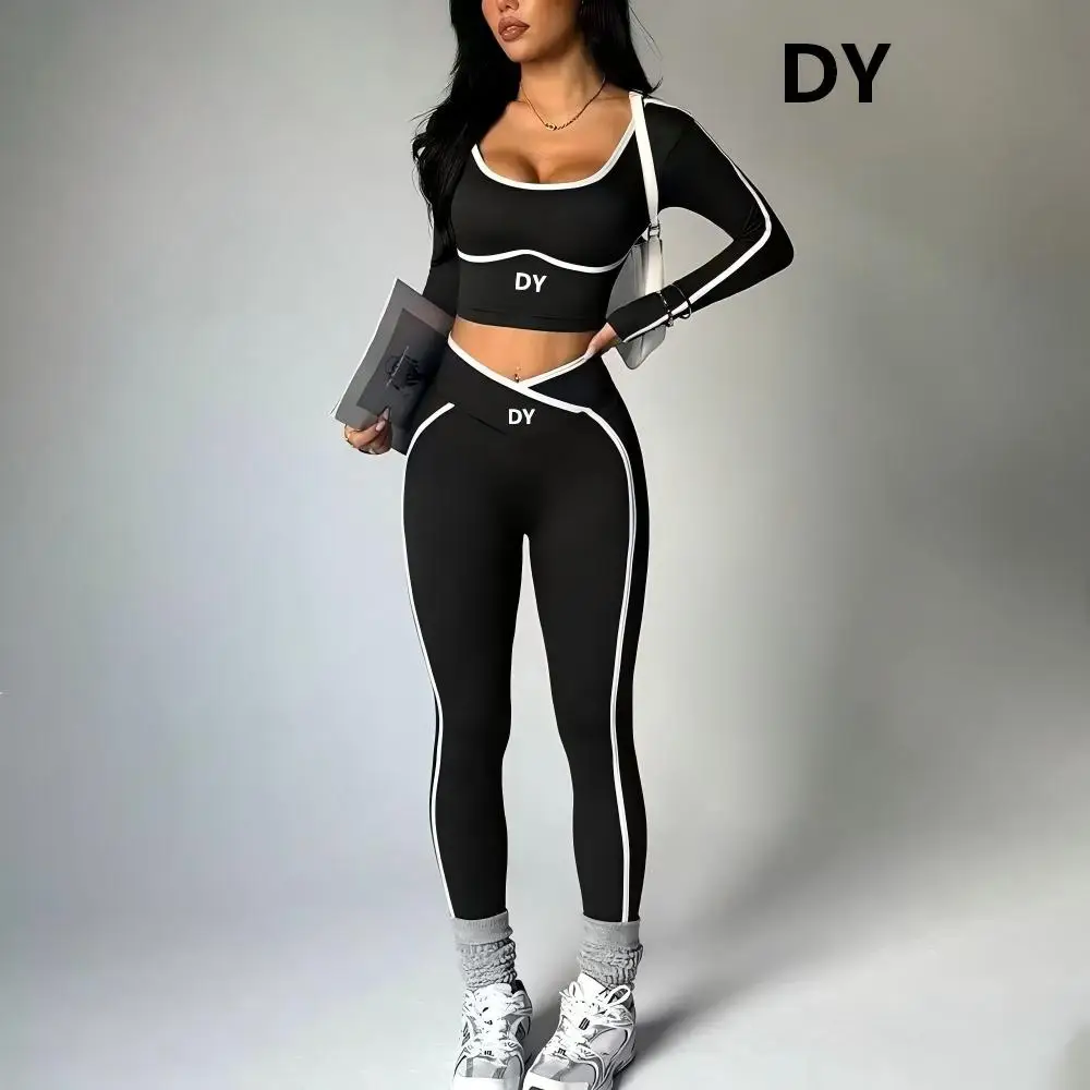 2026 Color-Contrast Yoga Set - Tight Yoga Long-Sleeved Front V-Waist Hip-Boosting Tight Yoga Pants Set