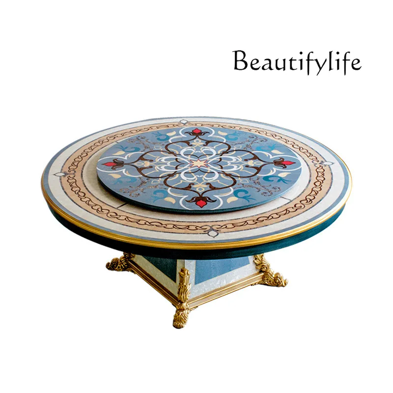 Neoclassical luxury round dining table  chair combination French painted shell dining table dining room furniture