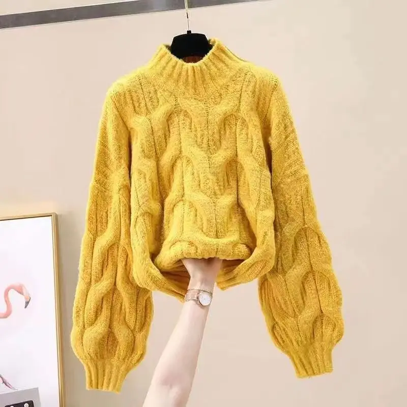 Fashion Stand Collar Knitted Loose Lantern Sleeve Sweaters Female Clothing 2023 Winter Oversized Solid Color Casual Warm Tops