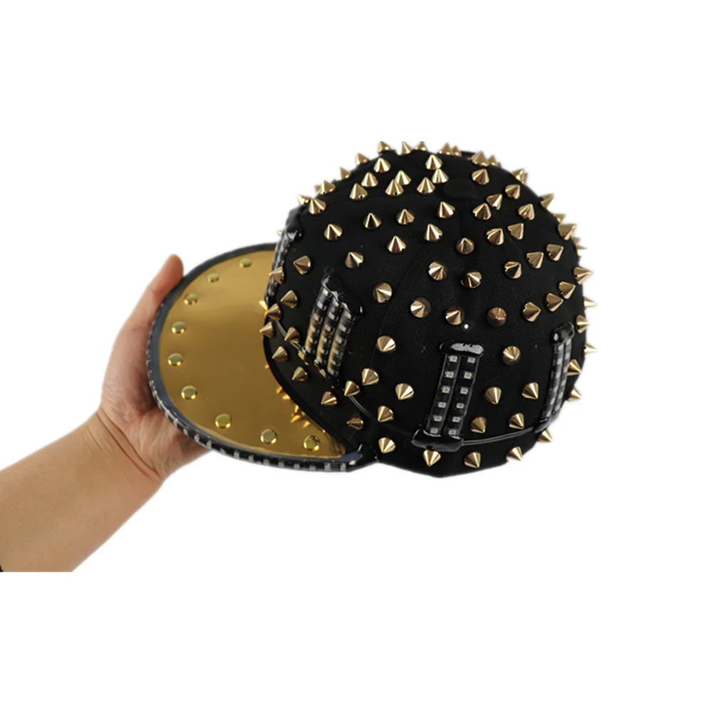 Unisex Punk Hedgehog Rock Rivet Cap Newest Unique Gold Silver Rivet LED Hat Fashion Snapback for Street Hip-hop Rivet man woman