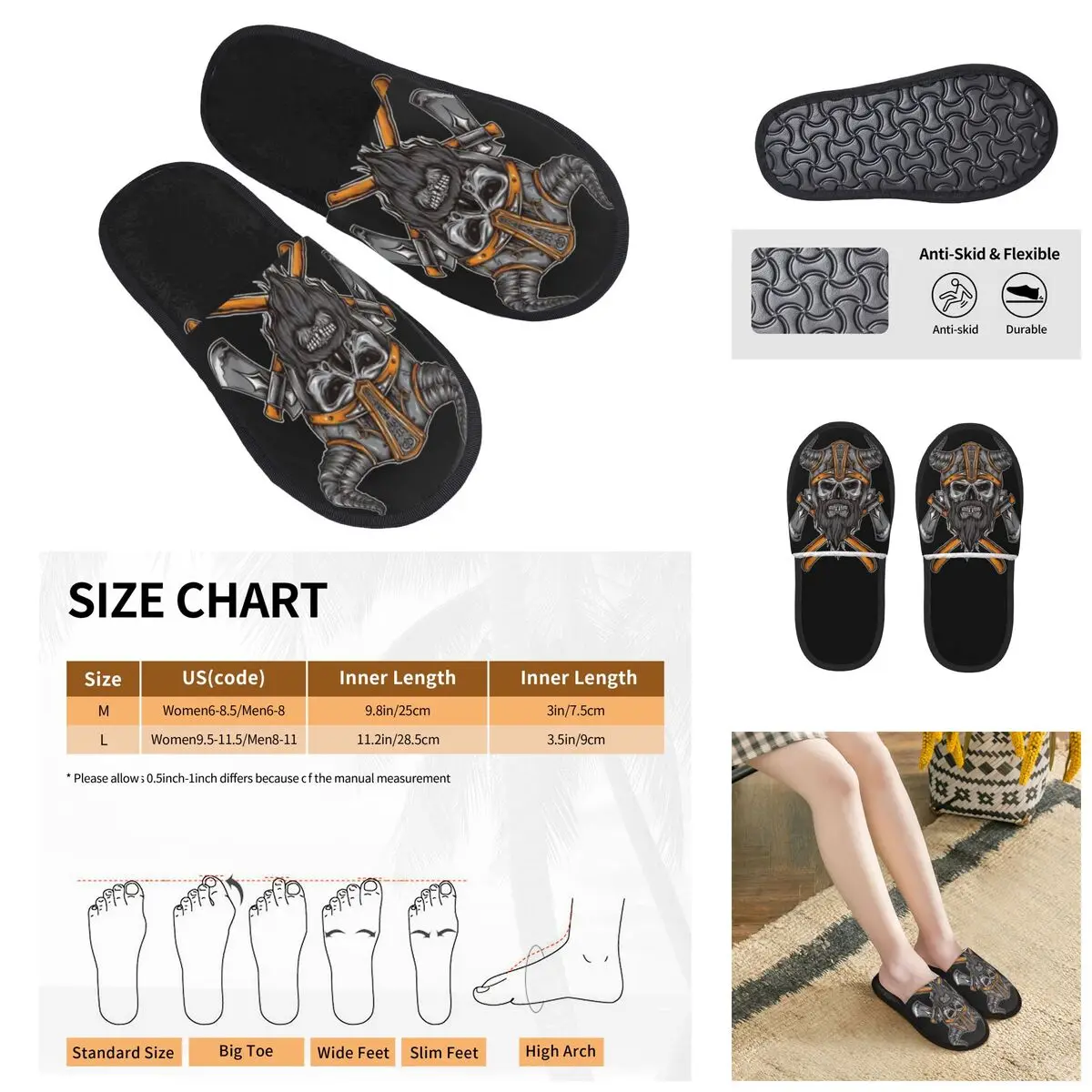 Zapatillas de interior peludas con estampado 3D para hombre y mujer, calaveras vikingas, bonitas, especiales, antideslizantes