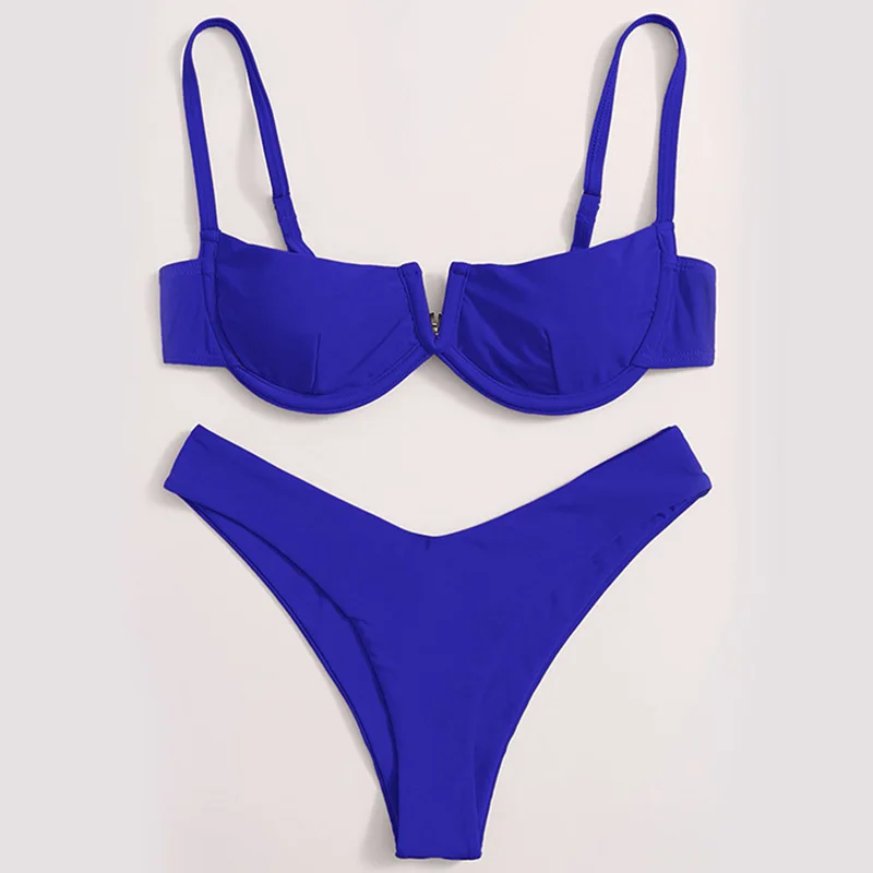 Fashion Summer Bikinis Set Female Thongs Swimsuit Beach Bathing Suits For Women Sexy Two-piece Swimwear Solid Color Beachwear