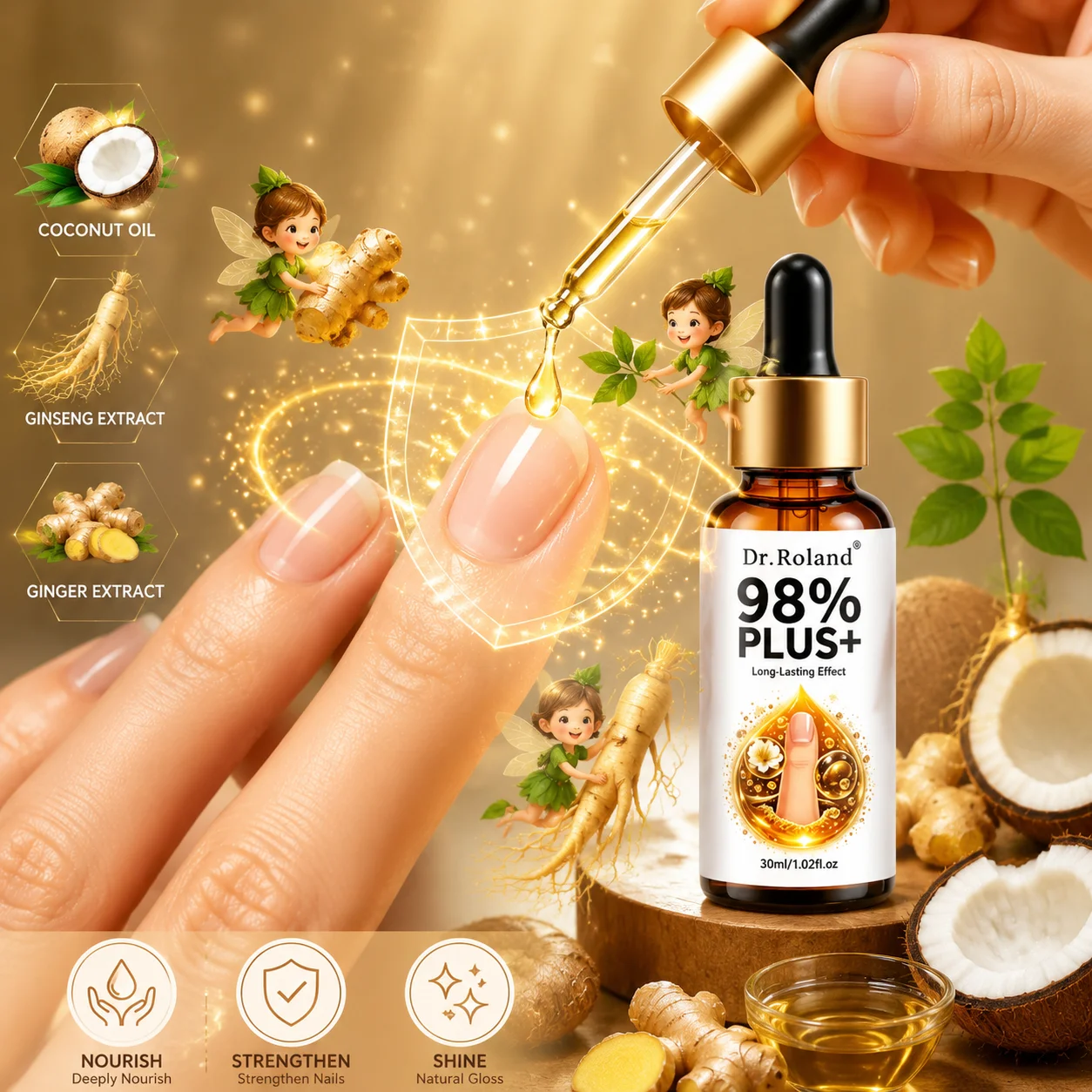Long-Lasting Effect Nail Care Serum 98% PLUS+ Nail Strengthener Ginger Ginseng Extract Deep Nourish Repair Brittle Nails Shine