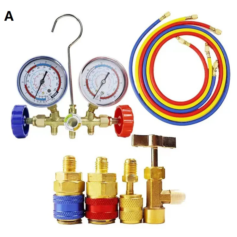 Freon r134a Juego de medidores de colector de diagnóstico de refrigerante Herramientas de aire acondicionado con manguera y gancho para R12 R22 R404A R134A R502