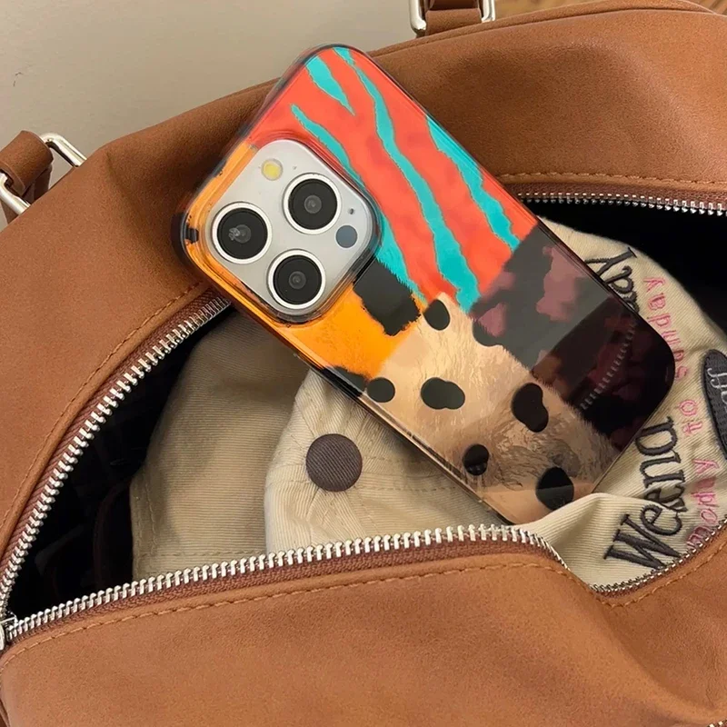 Retro Four-color Leopard Pattern Stitching Phone Case For iPhone 16 Case iPhone 15 14 13 12 11 16 Pro Max XS X XR 7 8 Plus Cover image 5