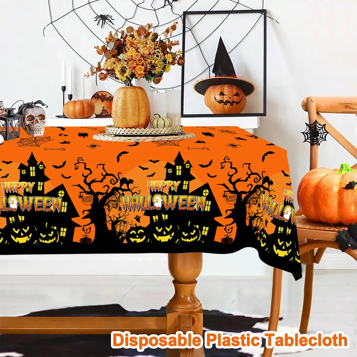 قطعة واحدة من غطاء طاولة شبح الرعب باللون البرتقالي والأسود، مفرش طاولة للهالوين السعيد للخدعة أو الحلوى لتزيين المنزل