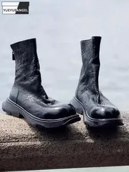 New Fashion Women High Top Thick Platform Motorcycle Biker Ankle Boots Horsehide Genuine Leather Shoes Round Toe Zipper Boots
