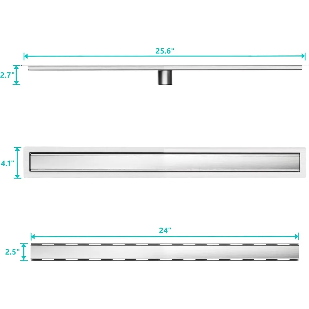 استنزاف دش خطي مقاس 24 بوصة مع غطاء شبكي لإدخال البلاط، استنزاف خطي من الفولاذ المقاوم للصدأ المصقول للحمامات الحديثة