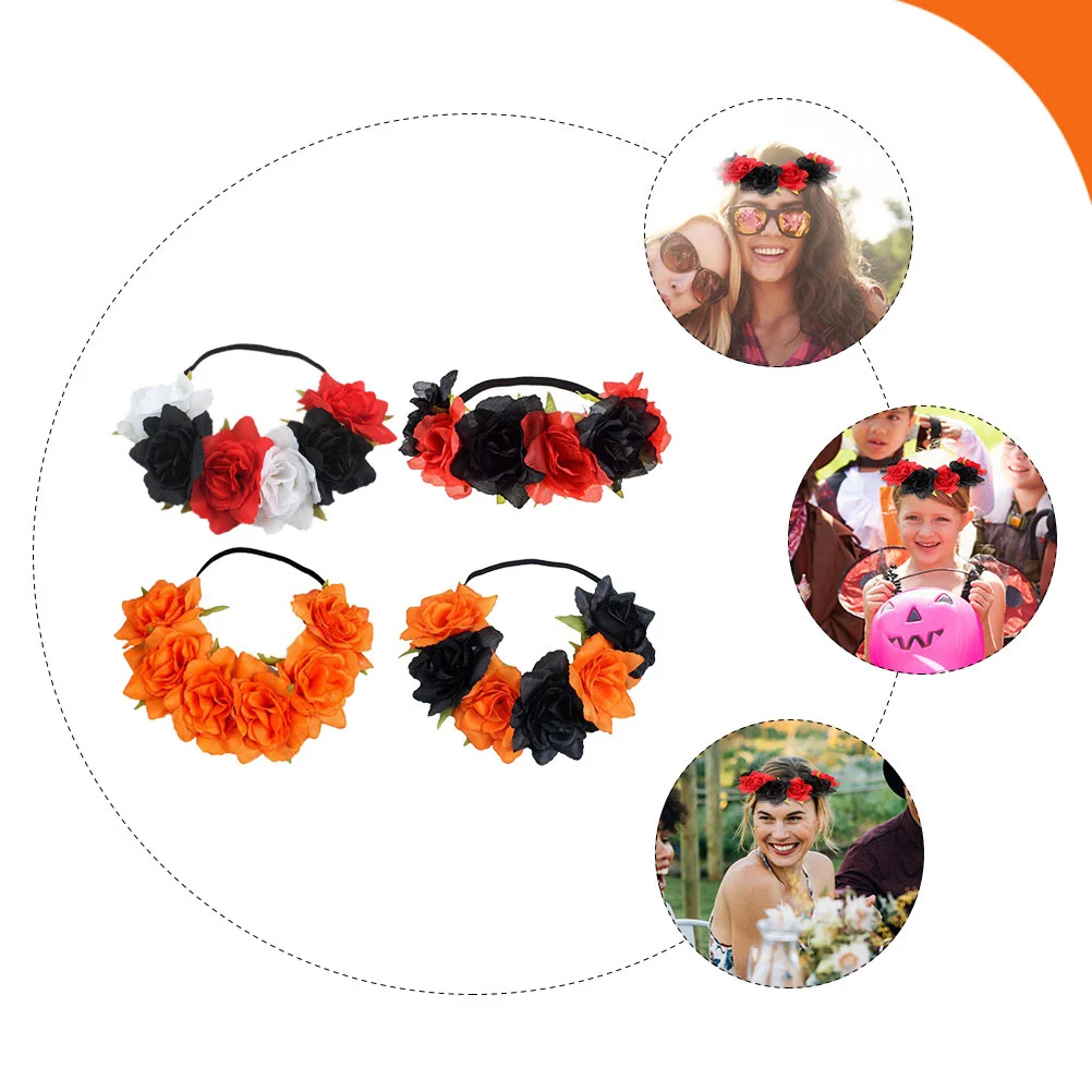 

4pcs Halloween Flower Headband Wreath Tiara Hairbands for Women Party Costume Masquerade Stage Elastic