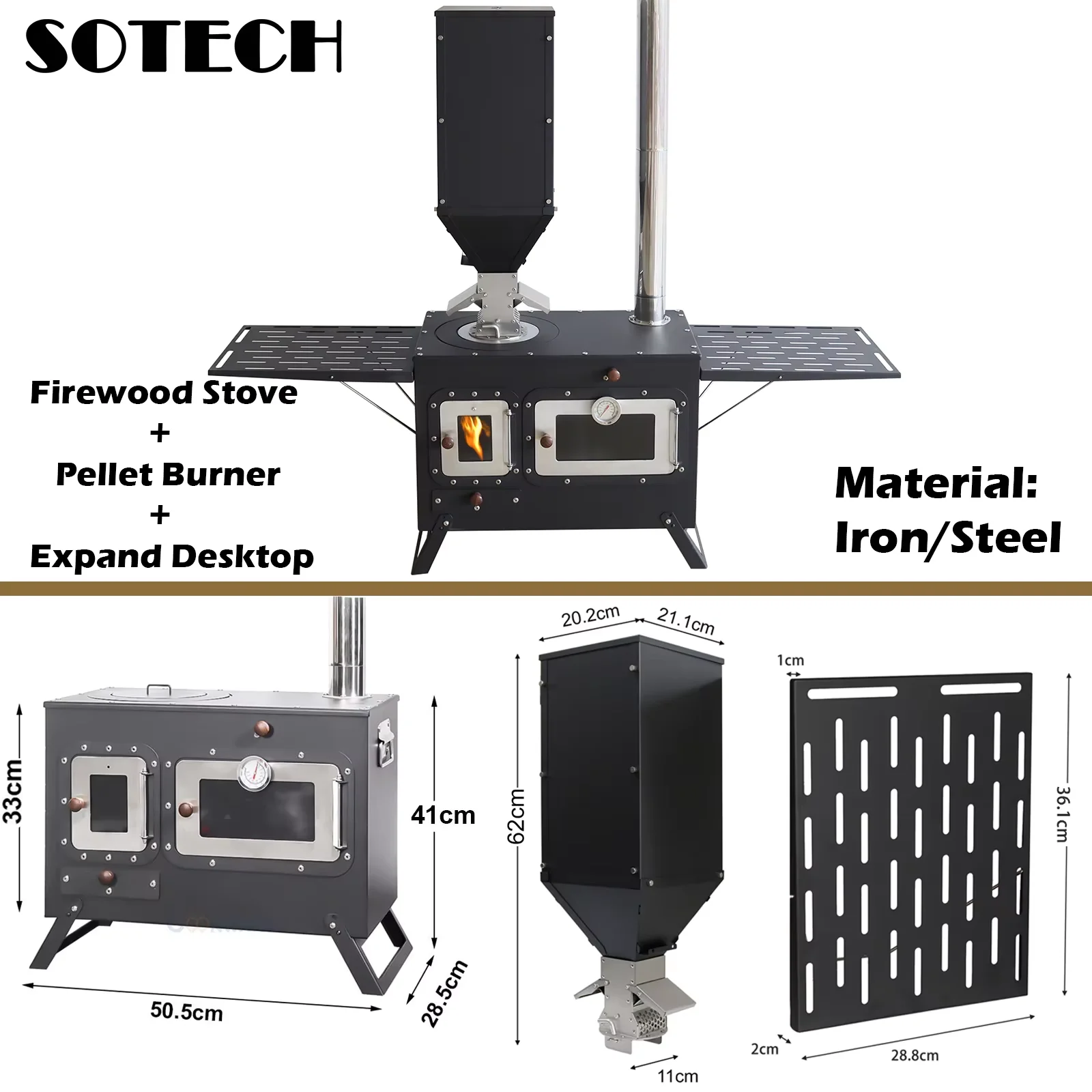 SOTECH Dual Fuel Wood & Pellet Tent Stove with Oven, Pellet Hopper & Chimney, Stainless Steel Camping Stove for Outdoor Cooking