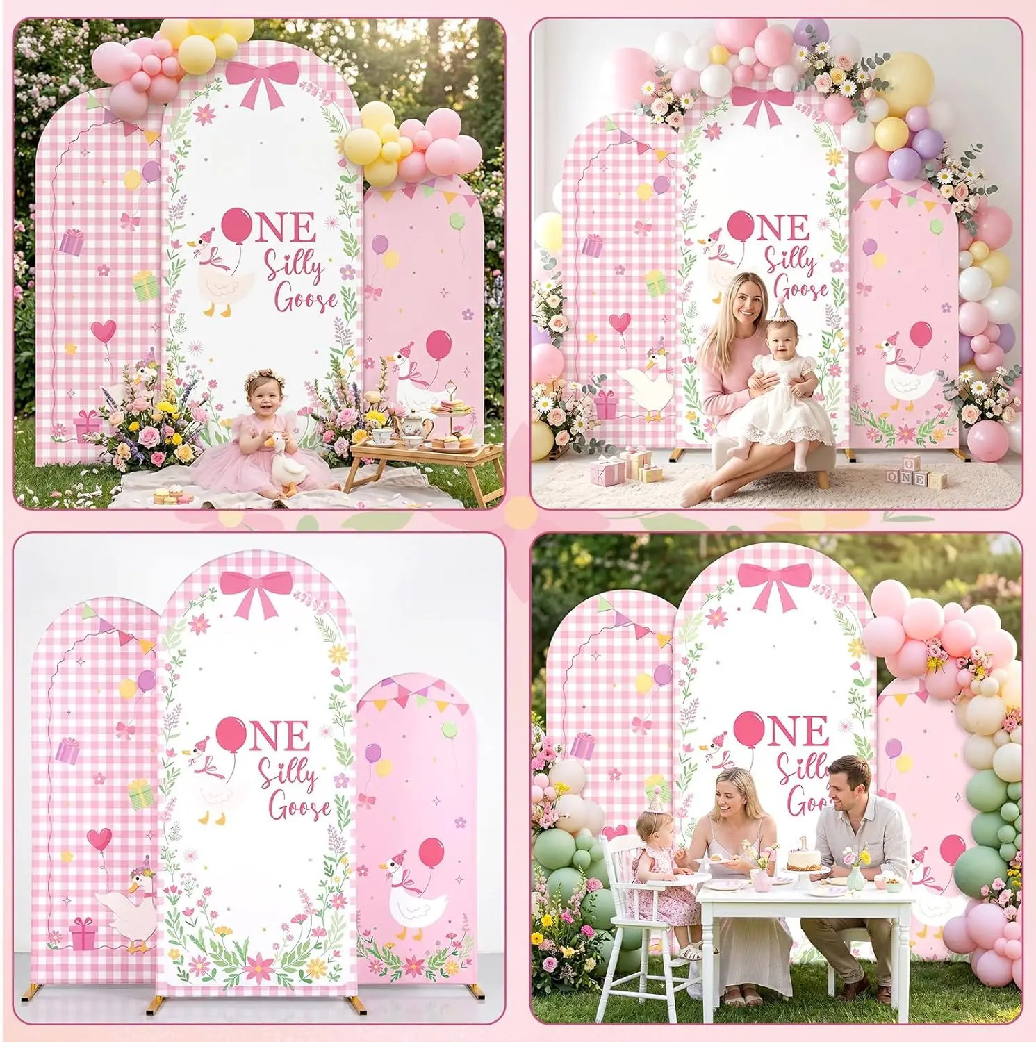 One Silly Goose Chiara Arch Backdrop Covers Pink Girl 1st Birthday Party Banner Background Flowers Lattice Photo Booth Props