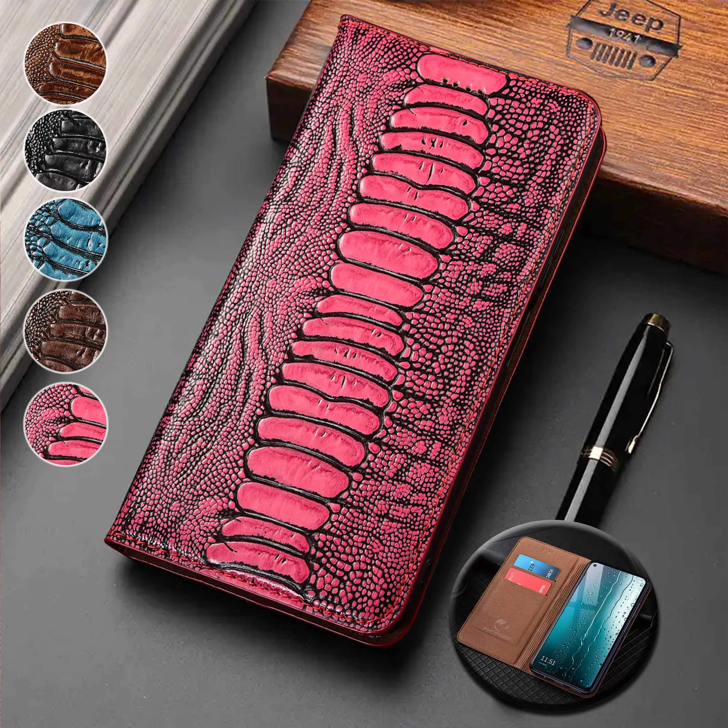 

For Xiaomi Poco C3 C31 C40 C50 C51 C55 C61 C65 C71 C75 4G 5G Ostrich Feet Pattern Genuine Leather Flip Phone Cover Case Cowhide