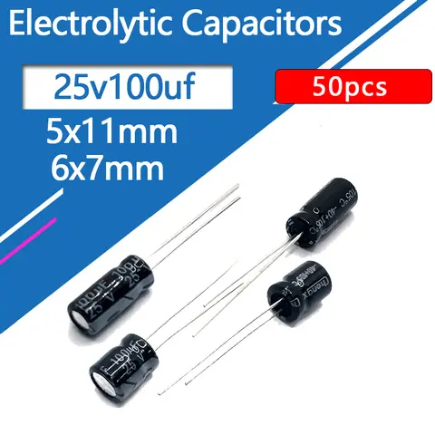 25V100UF 6.3x7mm 5x11mm 알루미늄 전해 콘덴서 100uf 25v 100uf25v 25v100mf 100mf25v 25v100MFD 100mf 100MFD 25wv
