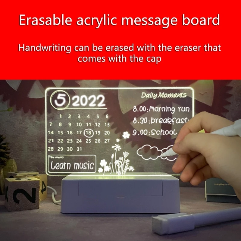 อะคริลิคใสปฏิทิน LED Night Light พร้อมขาตั้ง Erasable Marker สำหรับโต๊ะทำงาน Memo Board To-do-list Board Dropship
