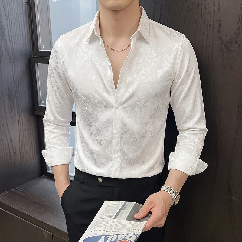 Luxury Elegant Jacquard Men's Shirts 3D Flowers Long Sleeved Casual Floral Shirt for Men Wedding Prom Stage Man Dress Shirt Tops