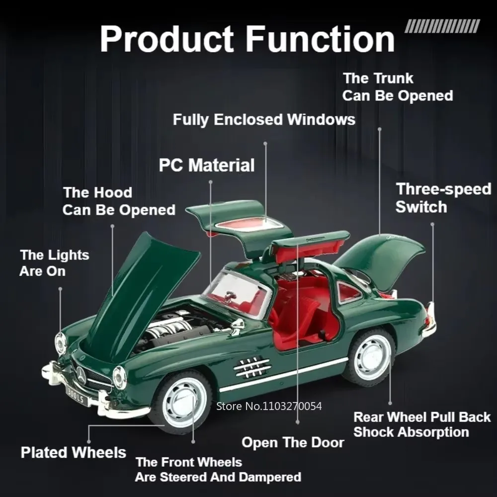 Modèle de jouets en alliage moulé sous pression, 1:32 500K 300SL, voiture Vintage, son et lumière, portes ouvertes, ornement, cadeau de collection pour adultes et enfants
