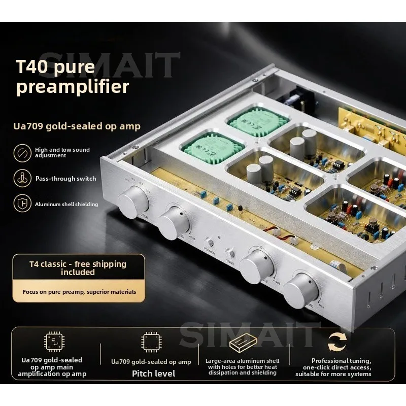 T40 Preamp UA709 Gold Seal with 4 Inputs and 1 Output, Adjustable Bass and Treble Straight-through, Silver