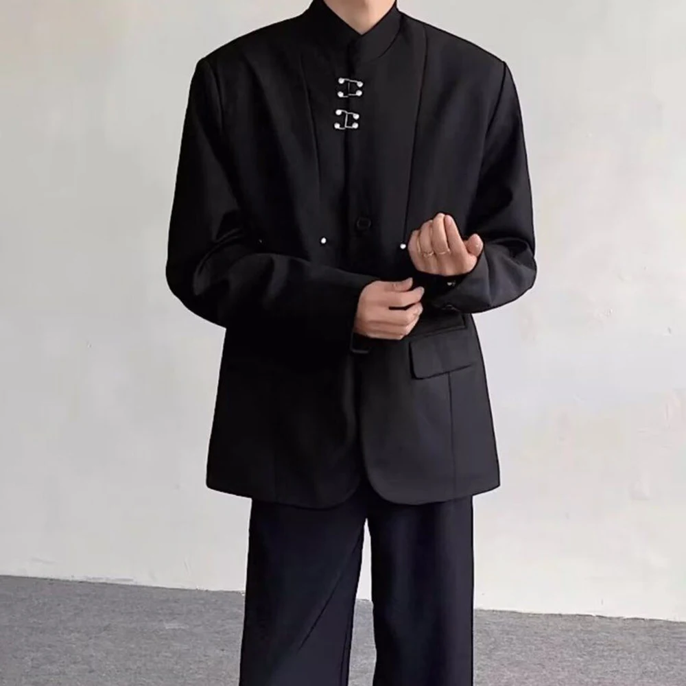 Mens Jacket Metal Buckle Ballroom Casual Suit Jacket Streetwear Fashion Nightclub Stage Performance Long Sleeve Top Men'S Wear