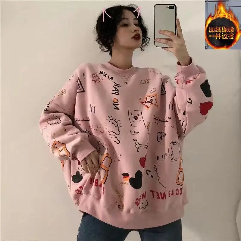 

Autumn Winter 2022 New Womens Sweetshirts Korean Cartoon Print Casual Loose Long Sleeves Harajuku Hoodie Kawaii Couples Clothes