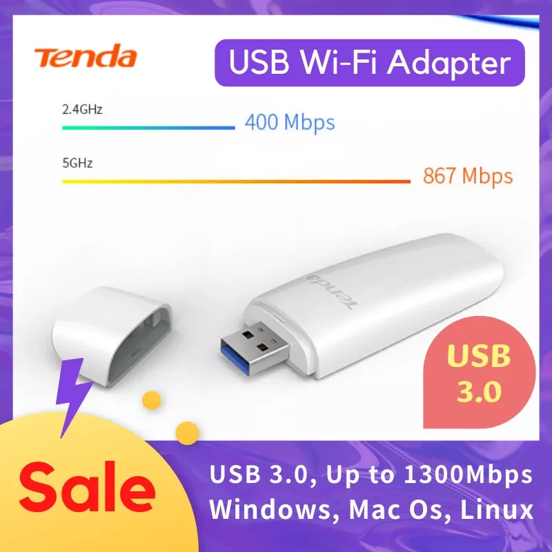 Adaptador Tenda-wifi, usb 3.0, ac1300, u12, 5g, sem fio, banda dupla, 2.4g, para windows, linux, mac