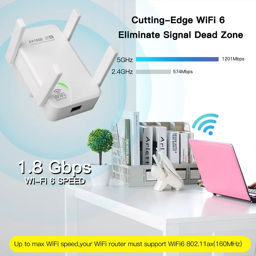 FENVI WiFi6 AX1800 Wireless Repeater Dual Band 2.4G/5GHz 802.11AX Gigabit Wi-Fi 6 Extender Long Range Signal Expansion Booster