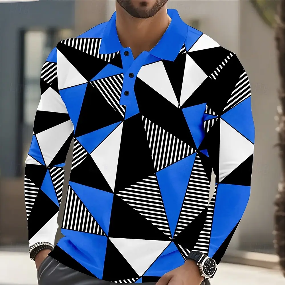 

Autumn 3D Abstract Geometic Pattern Men's Long Sleeve Polo Shirt Breathable Casual Tops Slim Fit Quick Dry Classic Men Clothing