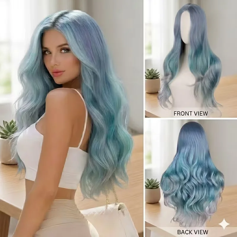 Ombre Blau-Teal zu Grau Lange Wellige Synthetische Perücke - Mittelteilig, Hitzebeständig, Cosplay-Perücke für Frauen