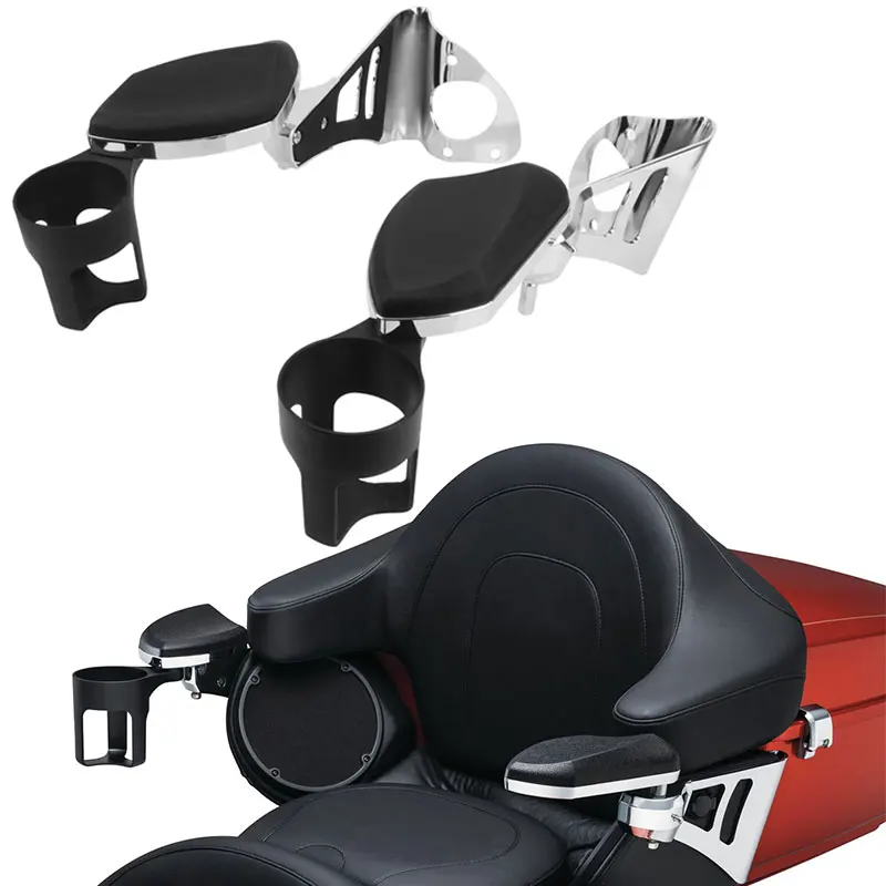 Motorcycle Rear Adjustable Passenger Armrests Drink Cup Holder Kit For Harley Touring Ultra Glides Electra Road Glide 2014-2021