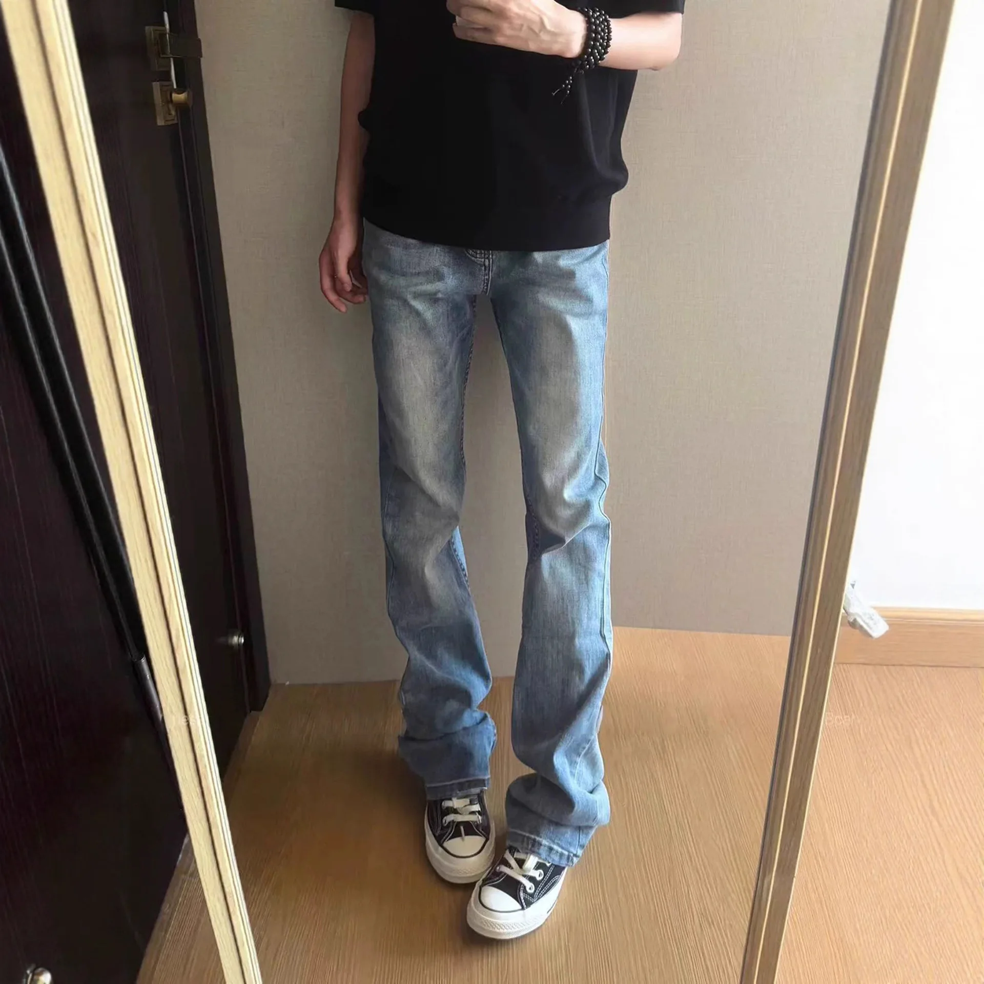 

American Street Scimitar Jeans For Men, Spring And Autumn New High Waist Slim Fit Flattering Straight Leg Slightly Flared Long