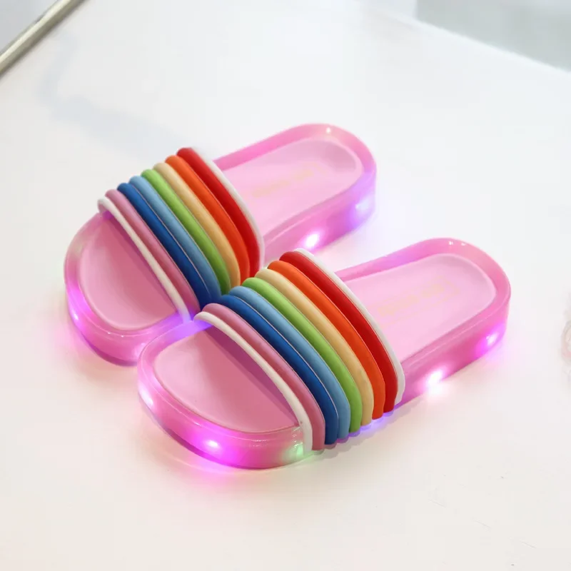 Summer new LED flashing lights Jelly Rainbow word flip sandals girls soft bottom fish mouth baby children\'s slippers