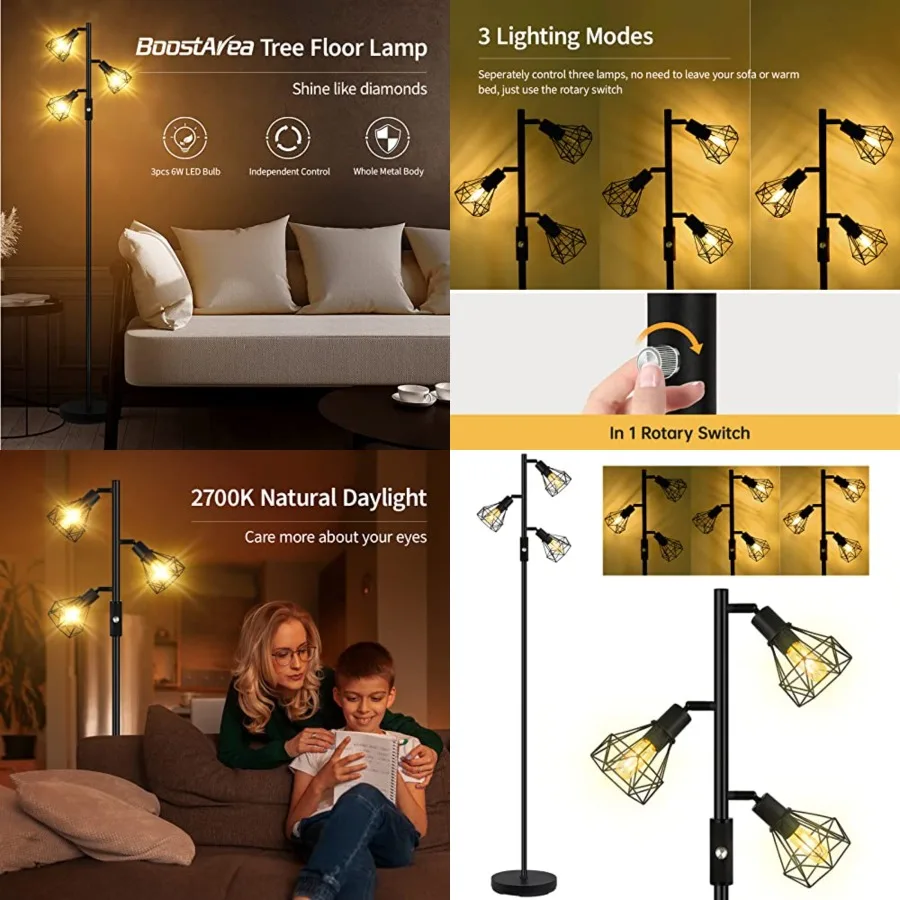 

Floor Lamp, Industrial Floor Lamps for Living Room, Tree Standing Lamp Bright with 3 Charm Diamond Head 1200 Lumens Edison Bulb